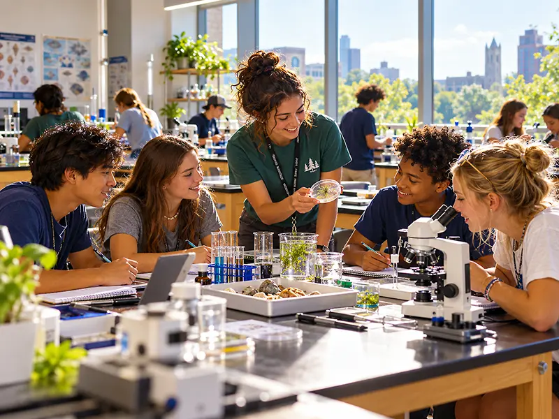 Summer camp staff member guiding teens through a hands-on science activity in a college campus laboratory