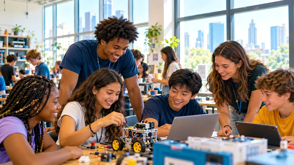 Summer camp staff mentoring teen campers during a collaborative technology and robotics activity