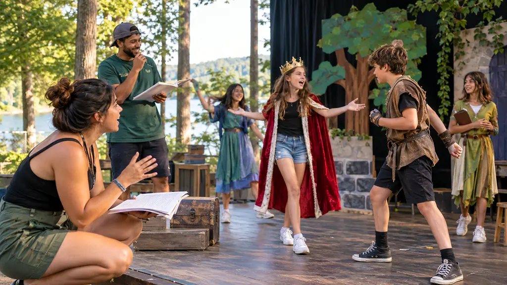 Summer camp staff members working together while supervising a theater rehearsal on stage