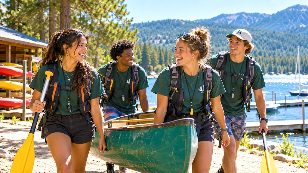 Summer camp staff members carrying a canoe together near a lakeside camp waterfront